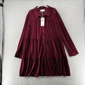 Dear John Dress Rozzie Red Corduroy Button Down Tiered Boho‎ Minimalist XL